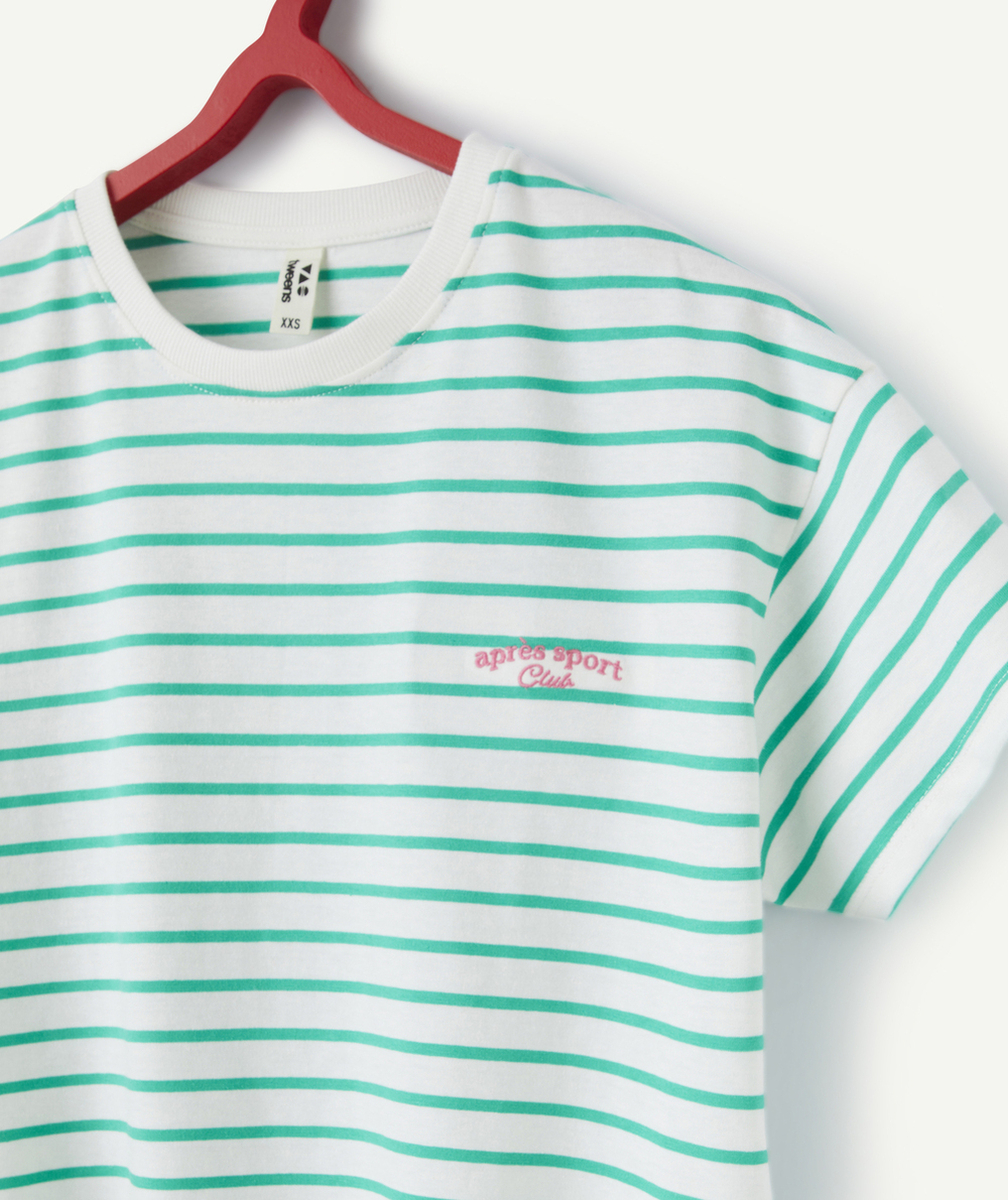 t-shirt manches courtes fille en coton bio blanc à rayures vertes