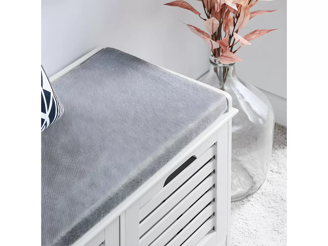 SoBuy Banc à Chaussures, Banc de Rangement à Chaussures, Meuble à Chaussures, Meuble Bas Entrée avec Coussin rembourré, 2 Portes et 4 Compartiments Ouverts, 71 x 35 x 43 cm, Blanc, FSR23-II-W