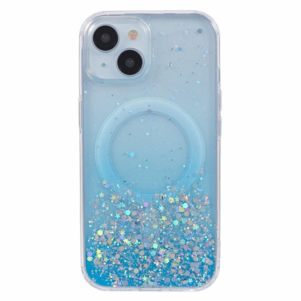 iPhone 13 MagSafe Hülle mit Acryl Rückseite und Farbverlauf im Glitzer Design - Blau