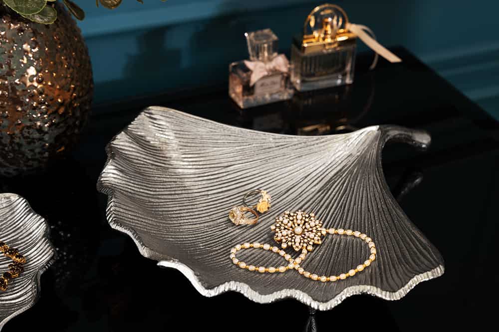 Dekorative Schale GINKGO 35cm silber handmade Metall
