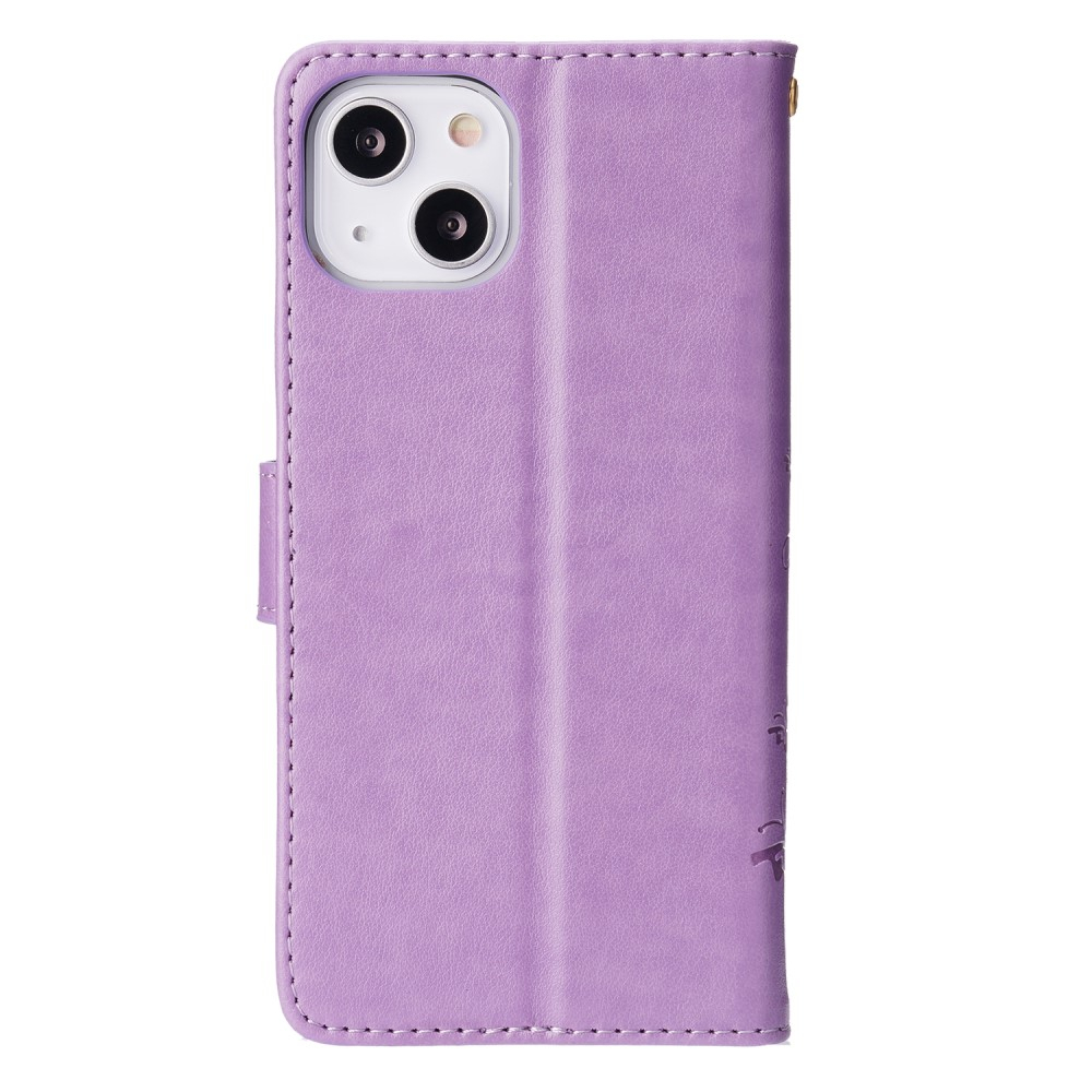 iPhone 13 Leder Tasche mit Kartenfach   Handschlaufe Butterfly Flowers - Lila