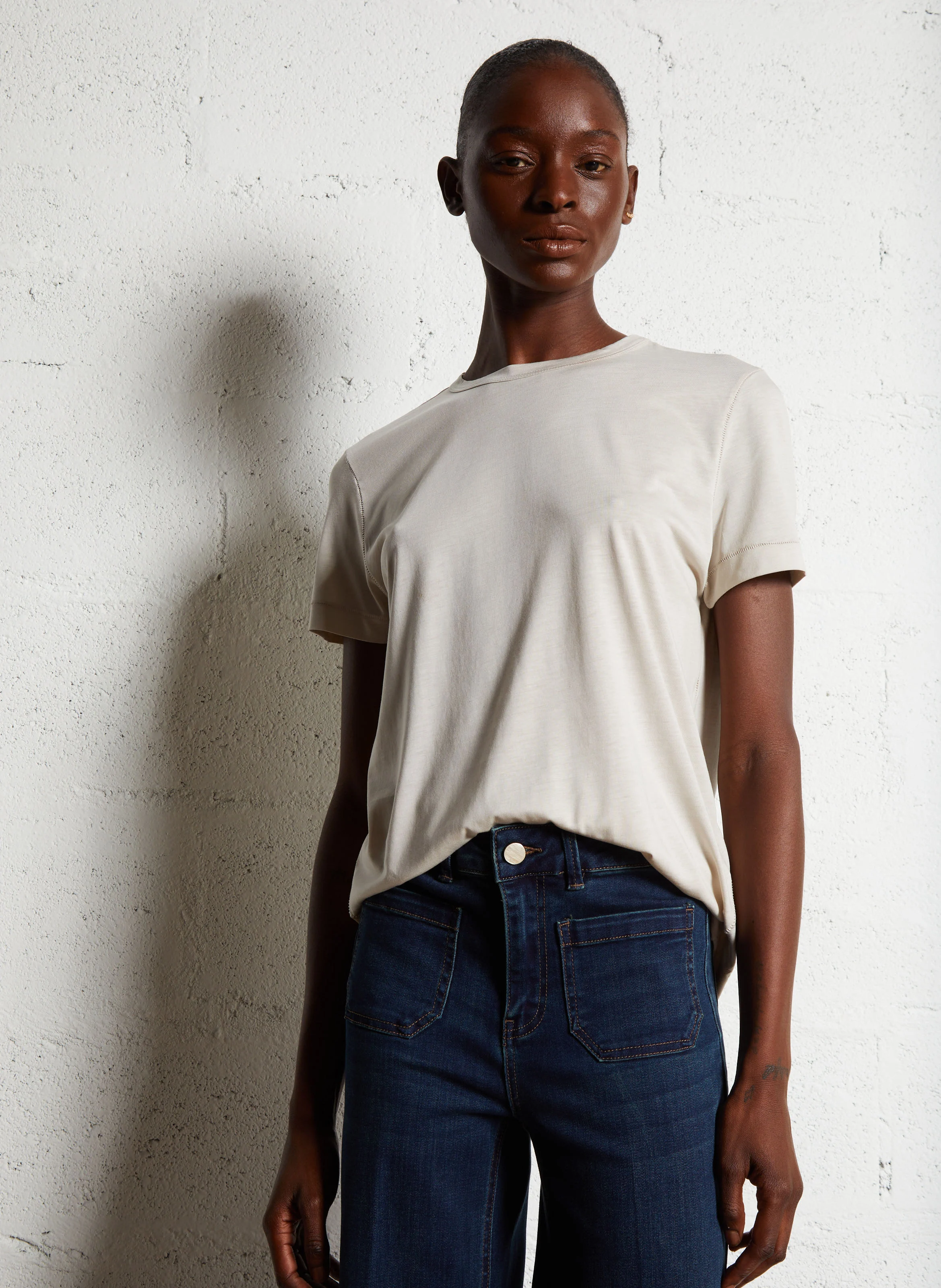 Tee-shirt droit col rond| Beige