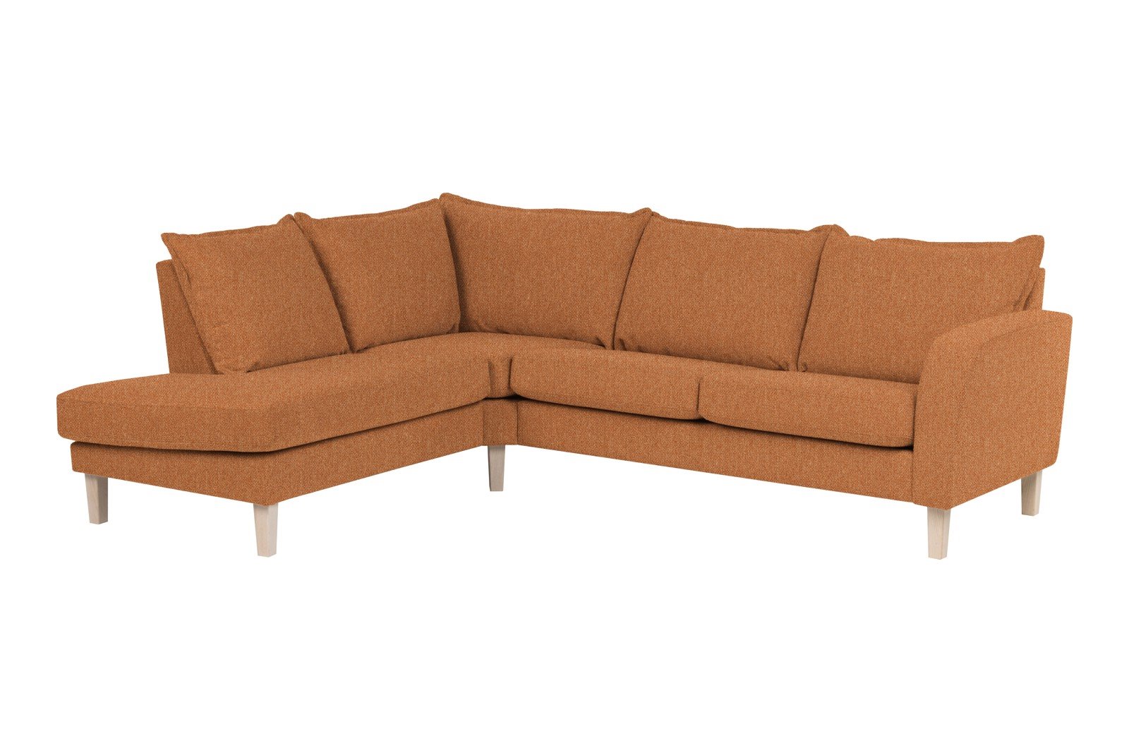 Slogen hjørnesofa Oppsett AV. 2,5-seter med åpen ende venstre. Tekstil Viva Rust med soft ryggpute. Vange A og hvitpigmentert ben 178.
