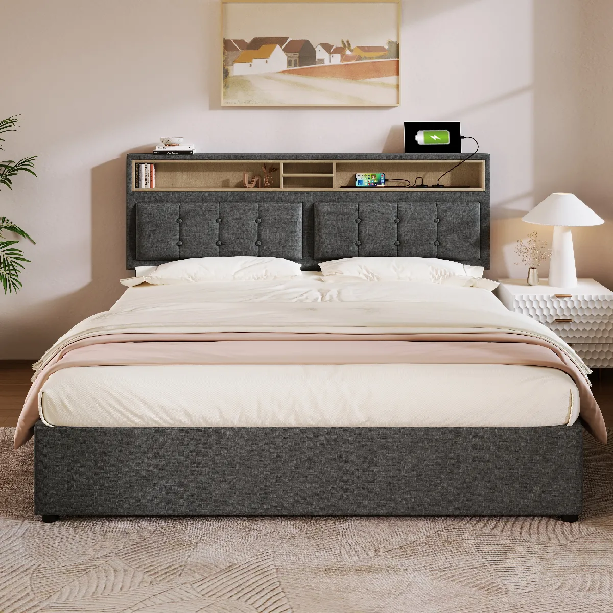 KOMHTOM Lit double avec tiroirs et USB-C - Gris 160x200 cm