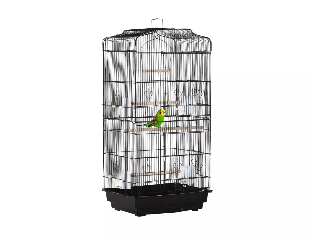 Cage à oiseaux volière avec mangeoires perchoirs plateau amovible dim. 46,5L x 35,5l x 92H cm métal PS noir