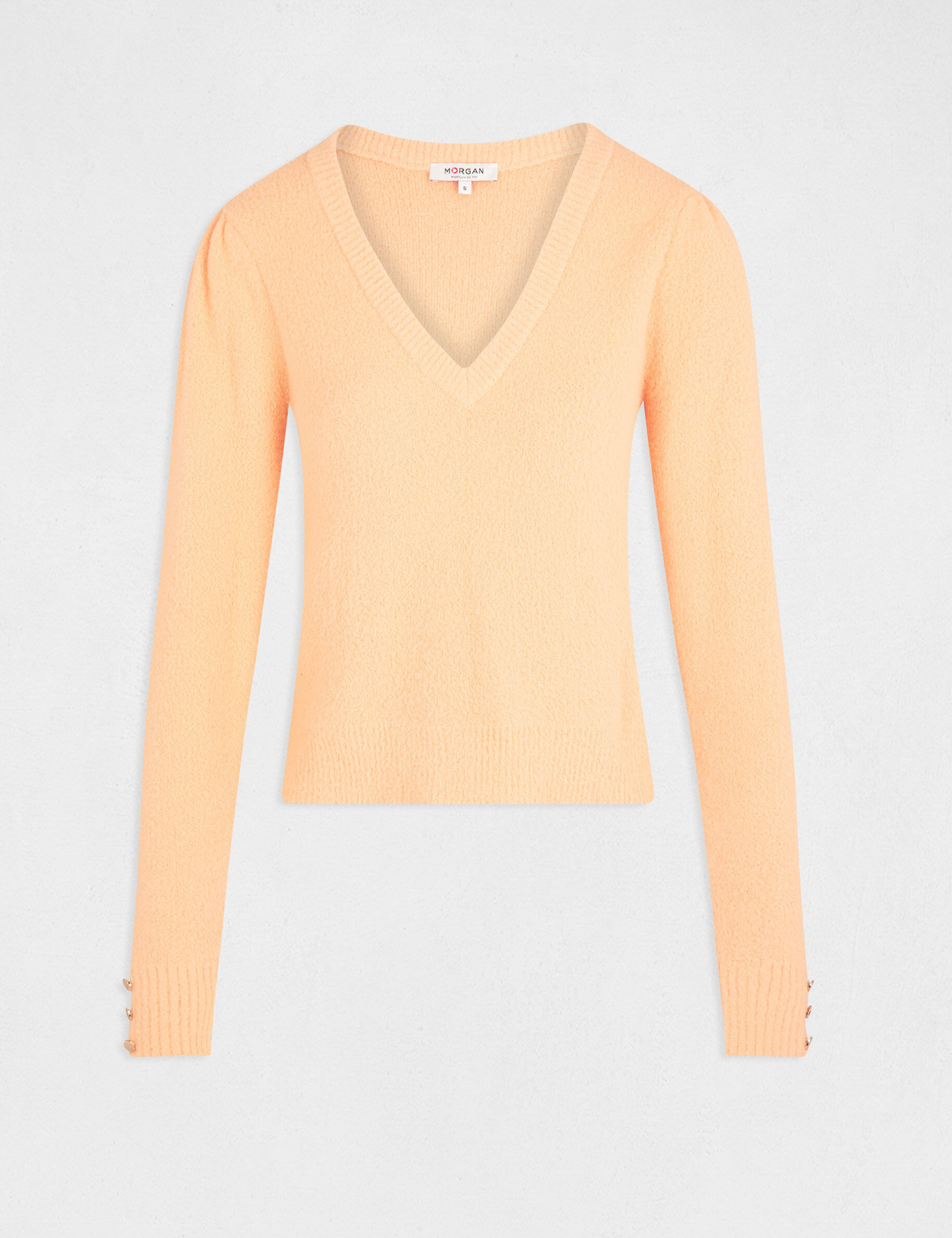 Pull manches longues avec col en V orange clair femme - orange_clair