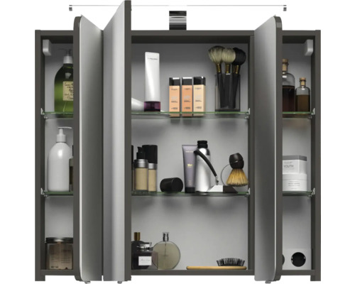3-delige badkamermeubelset Pelipal xpressline 4005 BxHxD 92 x 200 x 49,1 cm, fronten hoogglans grijs, met witte glazen wastafel en glazen wastafelmeubel, wastafelkast, spiegelkast met LED-verlichting, chromen greep, 992.0900112 9920900112