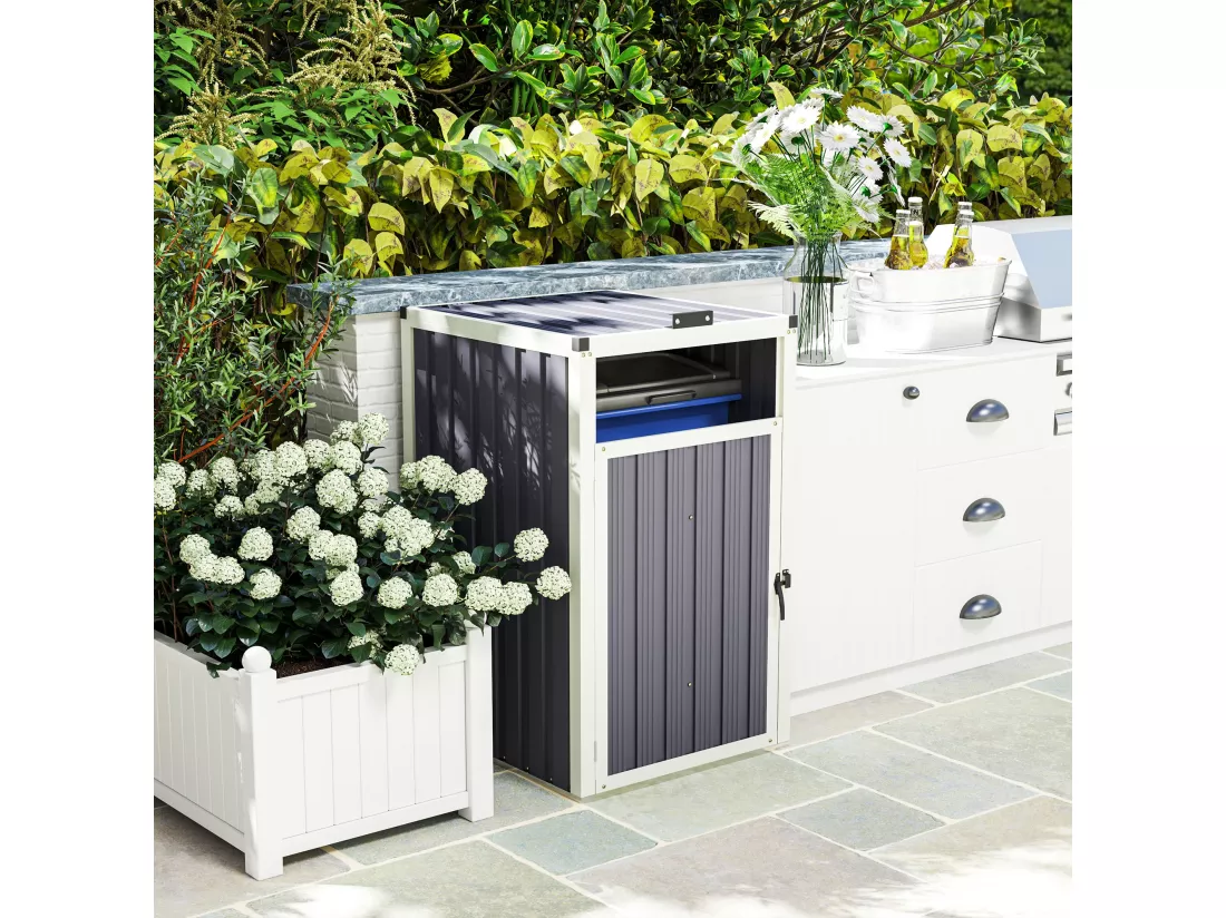 Abri poubelle - cache poubelle - 240L - porte, couvercle - tôle acier ondulé blanc gris