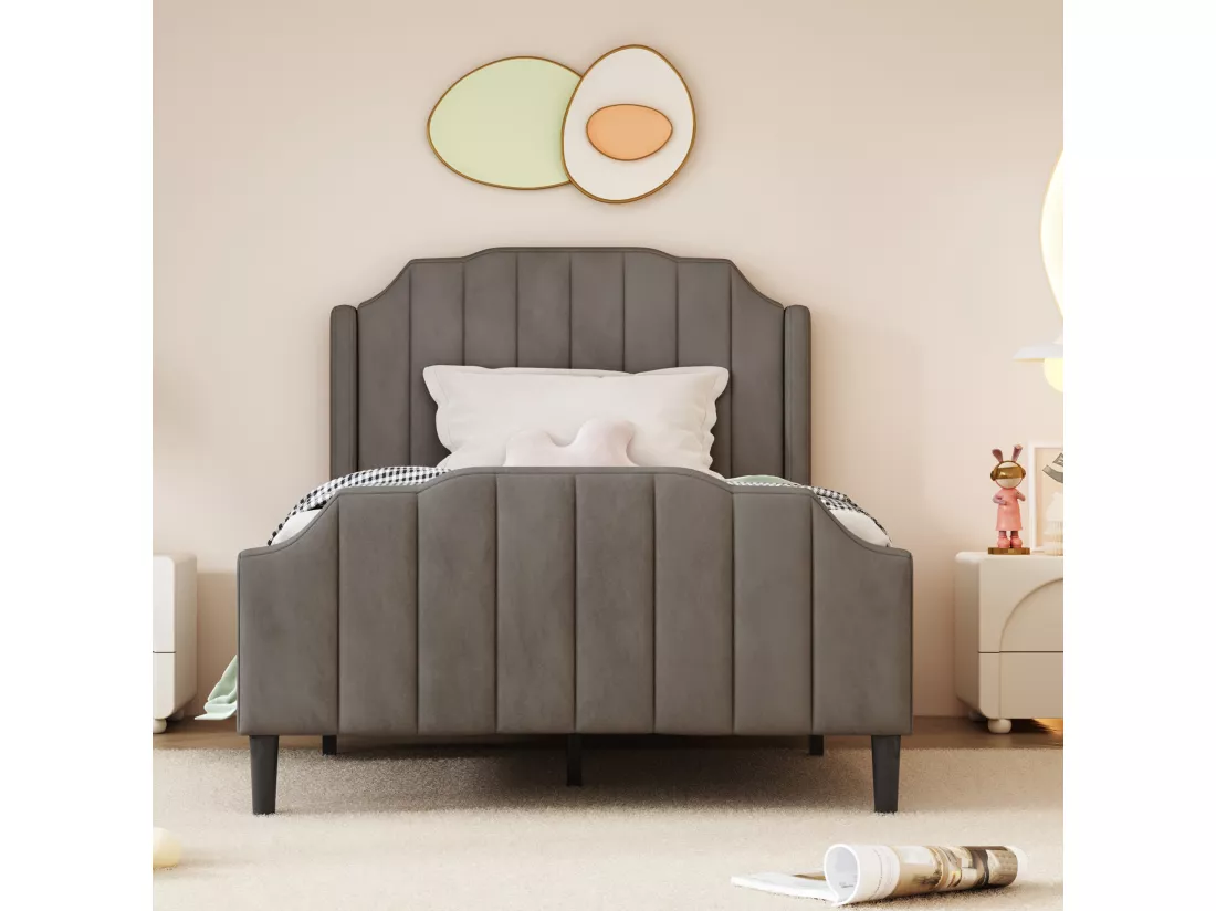 Lit capitonné en velours 90x200cm avec sommier à lattes - Gris