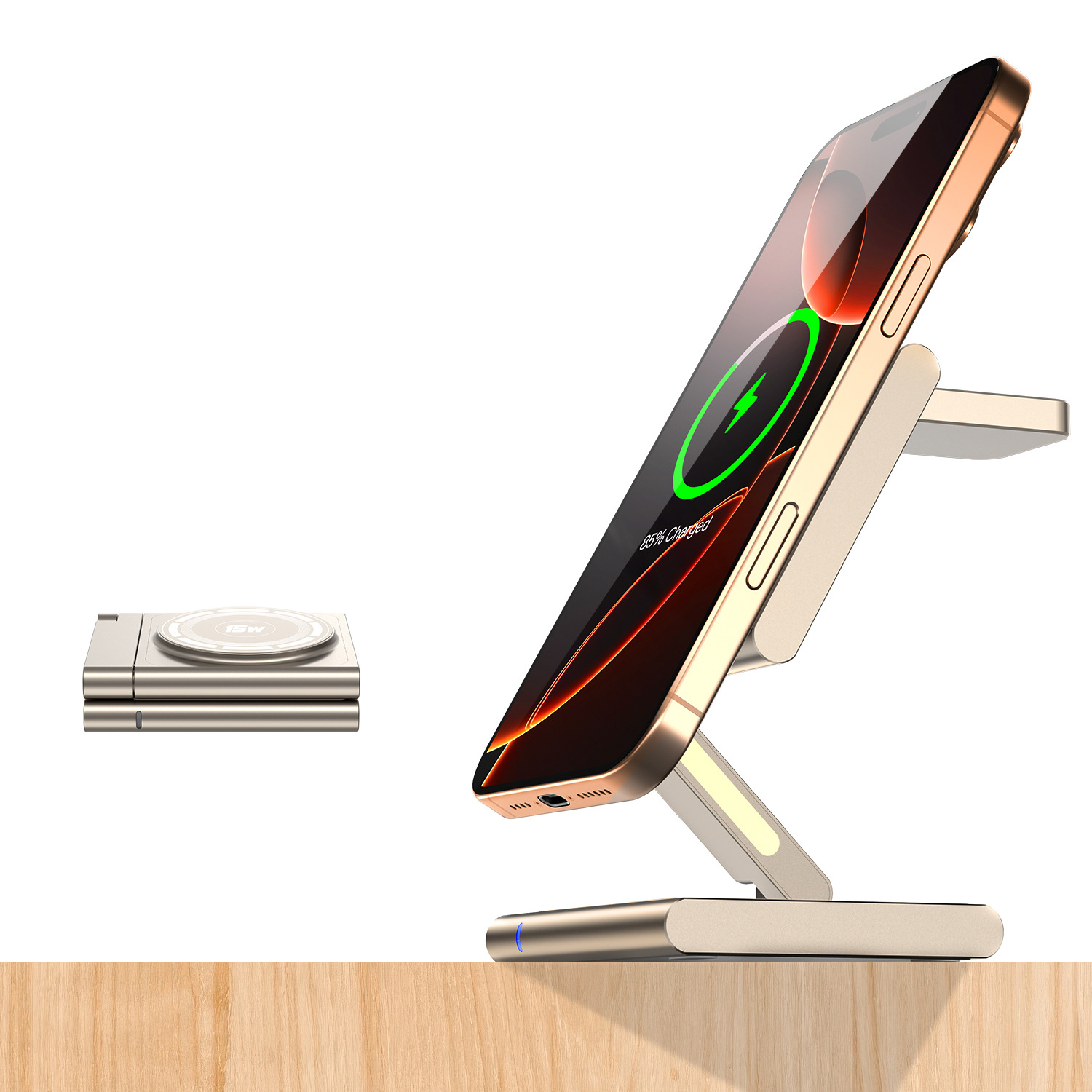 (15W/3A) 3in1 Magnetisches Alu Ladegerät Qi2 Wireless Charger Alu Ladegerät Faltbare Ladestation für Apple iPhone / Apple Airpods / Apple Watch - Champagner