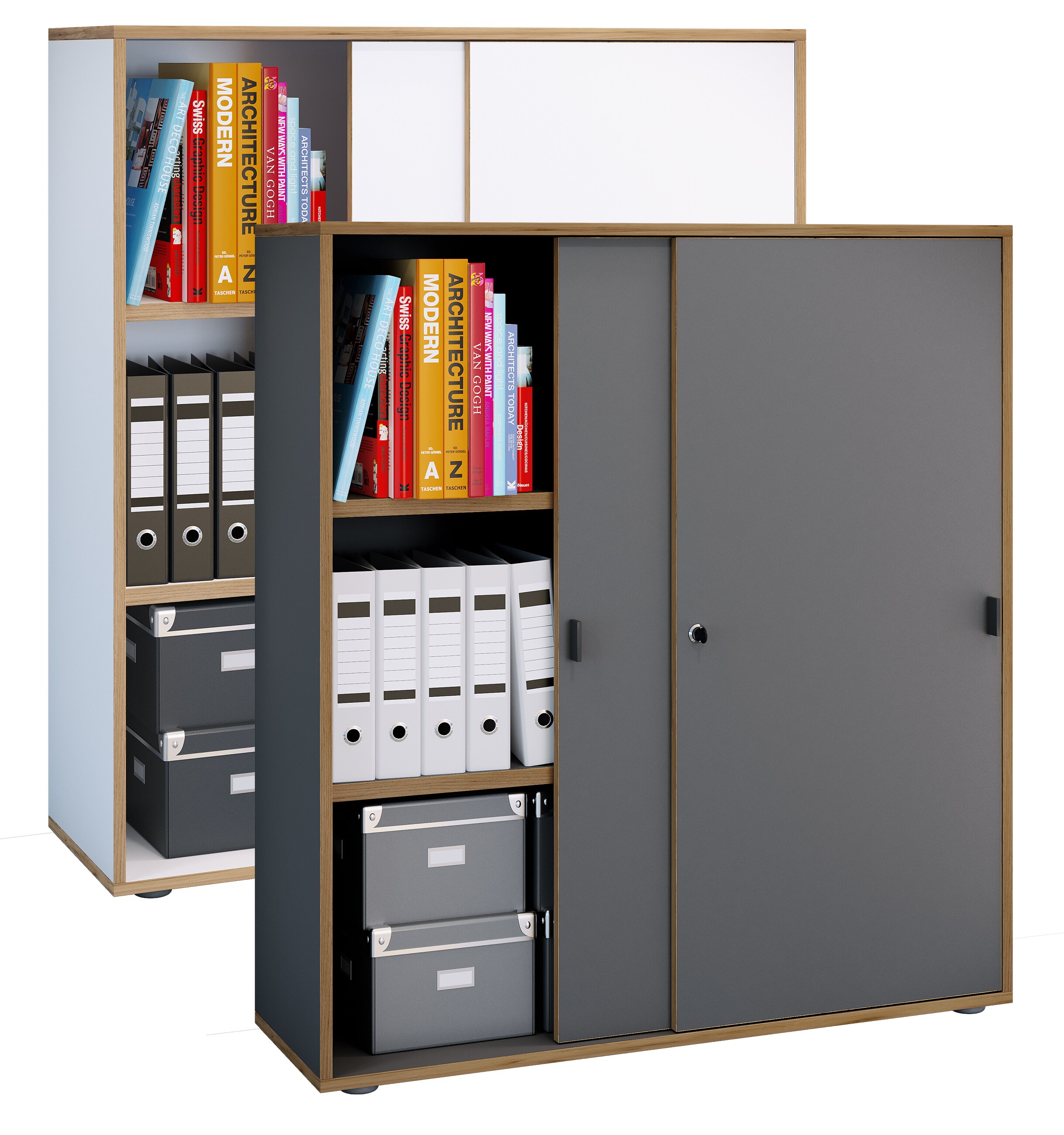 VCM Holz Büroschrank Ordner Aktenschrank Büromöbel Schrank Salia 3-fach Breite 100 cm Schiebetüren