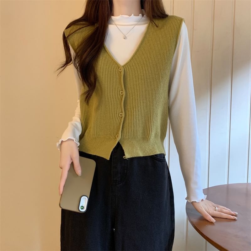 Allinya - V-hals geribbeld vest met knoopjes