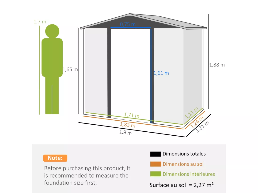Abri de jardin cabanon dim. 190L x 131l x 188H cm porte verrouillable ventilations tôle acier ondulé marron