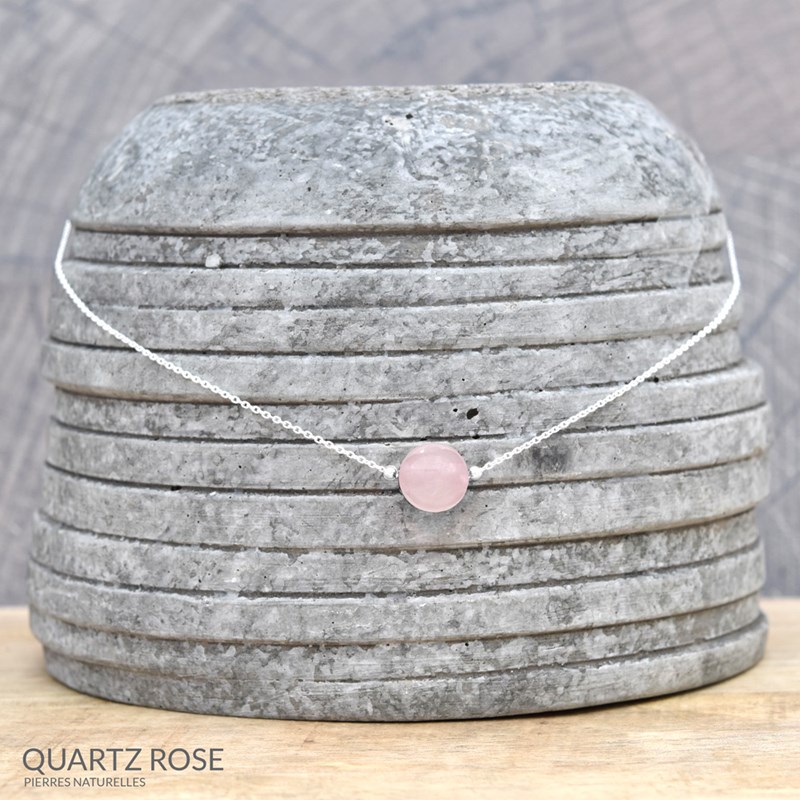 Collier ras du cou en argent 925 rhodié avec pierre naturelle 10mm - Quartz Rose