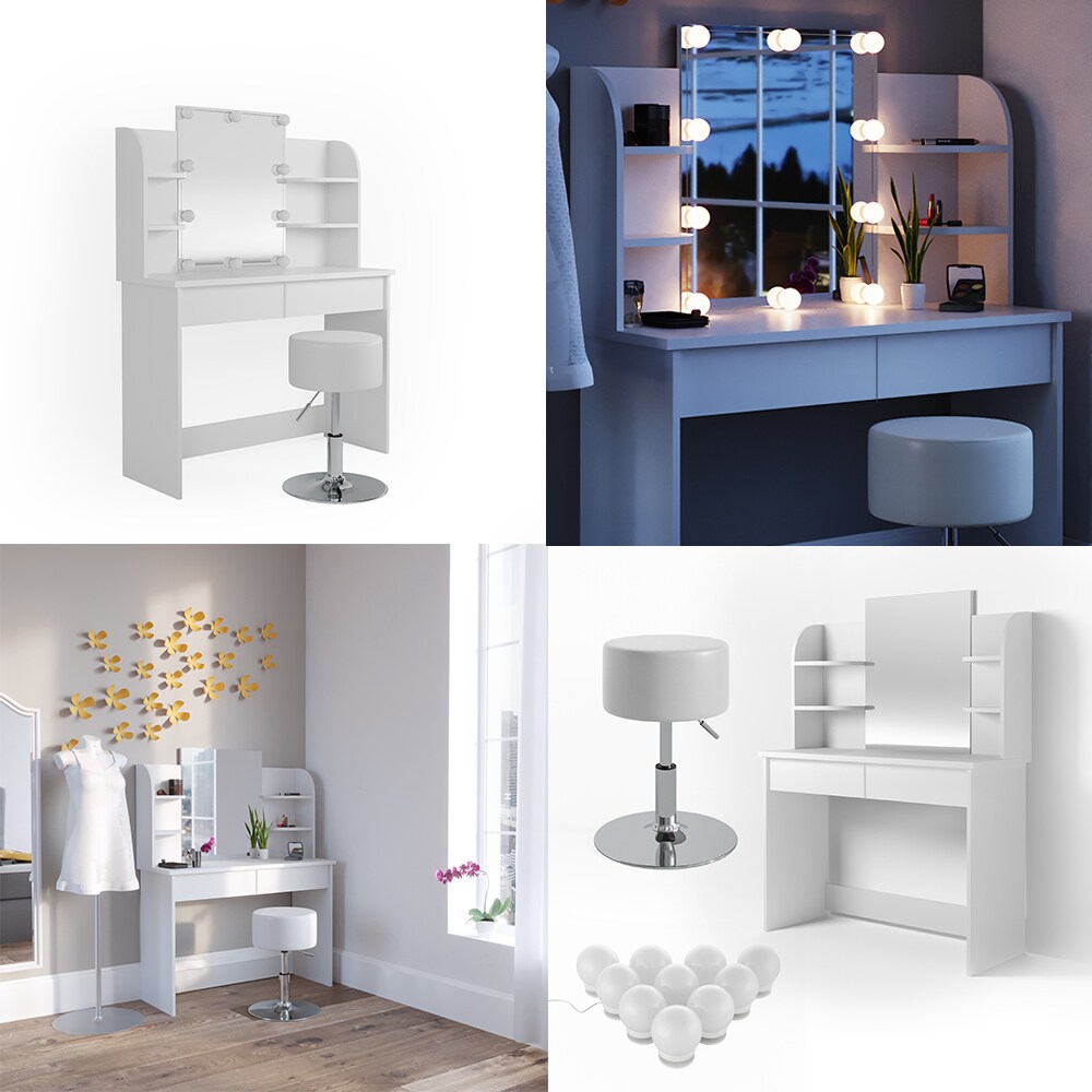 Vicco Schminktisch Charlotte Frisiertisch Frisierkommode Kosmetiktisch Weiß inkl. Designhocker & LED
