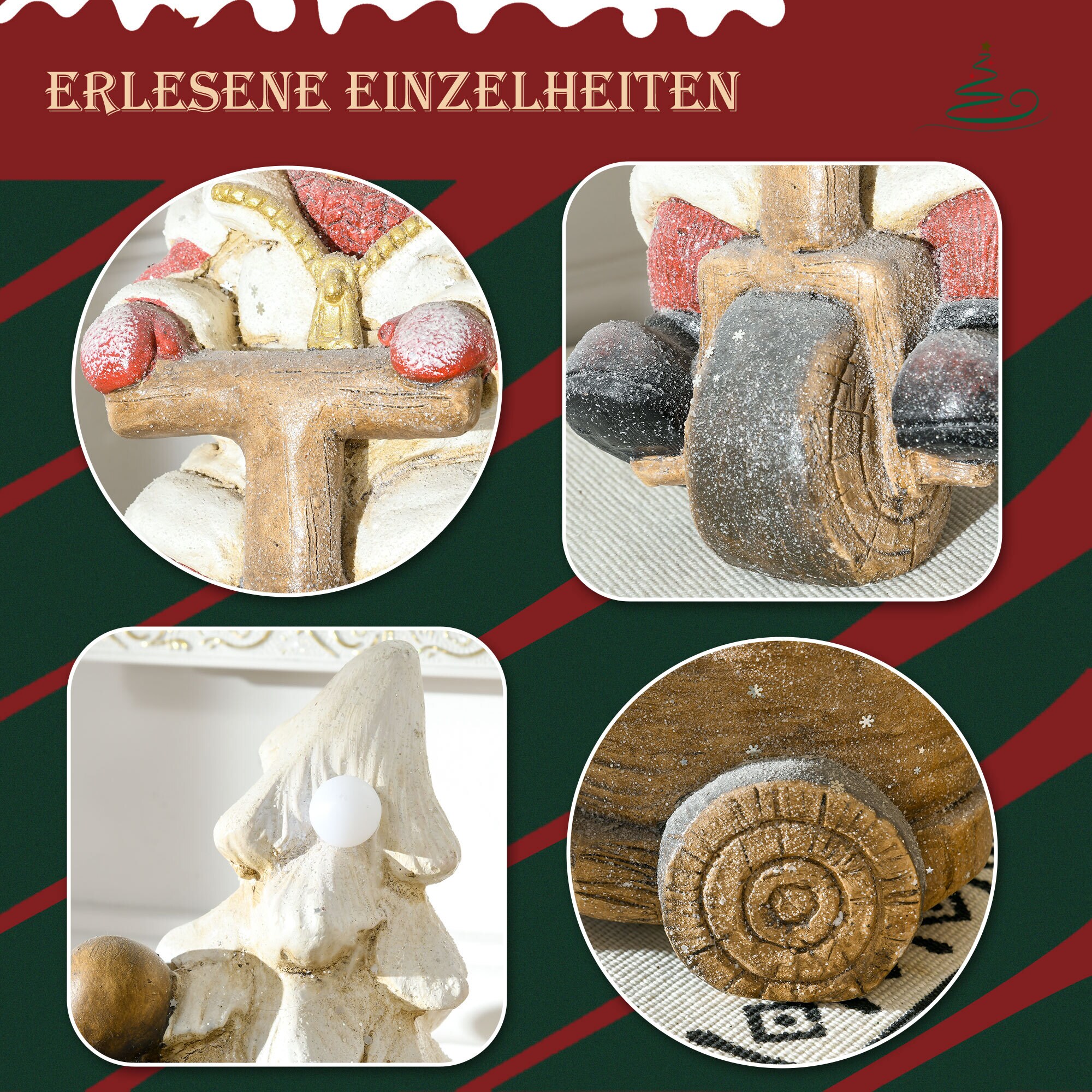 HOMCOM Weihnachtsfigur Rentier auf Dreirad mit LED-Licht bunt 36L x 21B x 44H cm