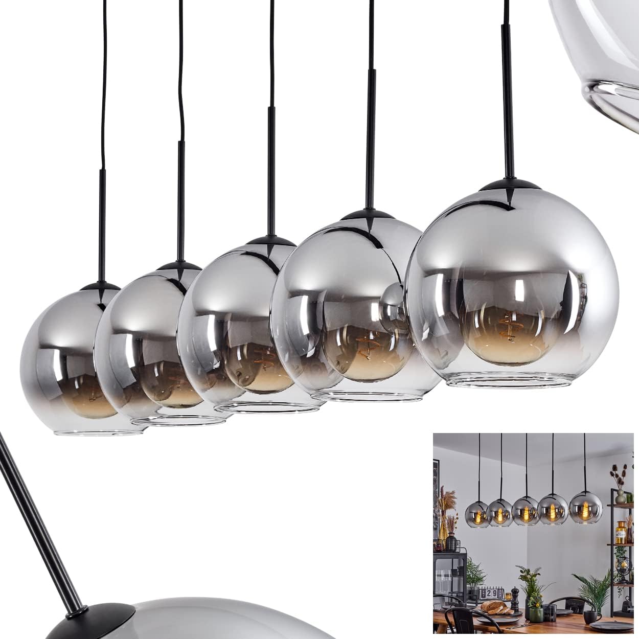 Hängeleuchte Koyoto, Hängelampe aus Metall/Glas in Schwarz/Chromfarben/Klar, Leuchte 5-flammig im Vintage/Retro Design mit Schirmen aus Glas (Ø 20 cm), Höhe max. 152,5 cm, 5 x E27, ohne Leuchtmittel