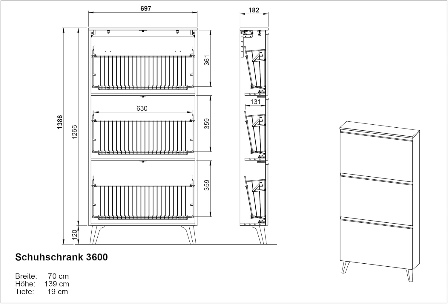 Germania Schuhschrank 3600-547, in Graphit, mit DREI Klappen, Platz für bis zu 9 Paar Schuhe, 67 x 139 x 19 cm (BxHxT)