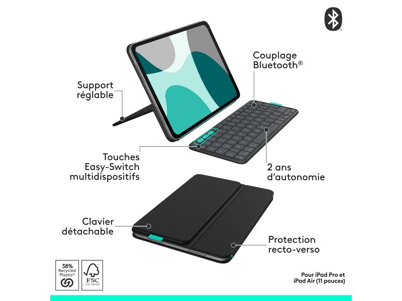 Logitech Tablet Tastatur Cover Flip Folio iPad Pro & Air13 Vielseitiges iPad Cover mit verstaubarer Tastatur