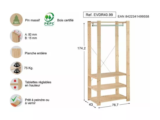Penderie en pin massif Evolution Hauteur 174 cm