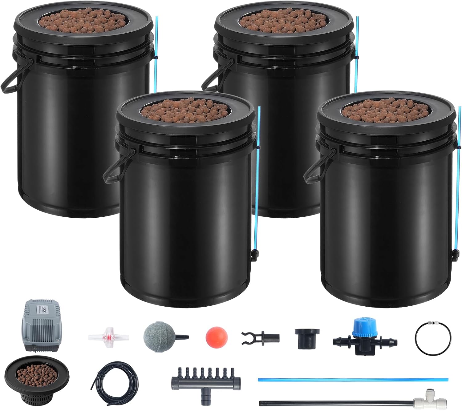 VEVOR DWC Hydrokultur-Anbausystem, Hydrokultur Anzuchtsysteme mit Topf-Tropfkit, Tiefwasserkultur 4X 20L-Eimer, mit Luftpumpe, Luftsteinen und Wasserstandsanzeige für Blattgemüse