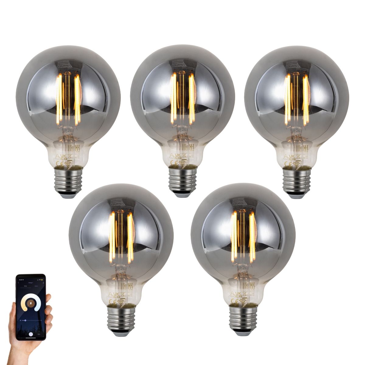 Set van 5 Smart E27 dimbare LED lampen G95 smoke 4.9W 150 lm 1800K