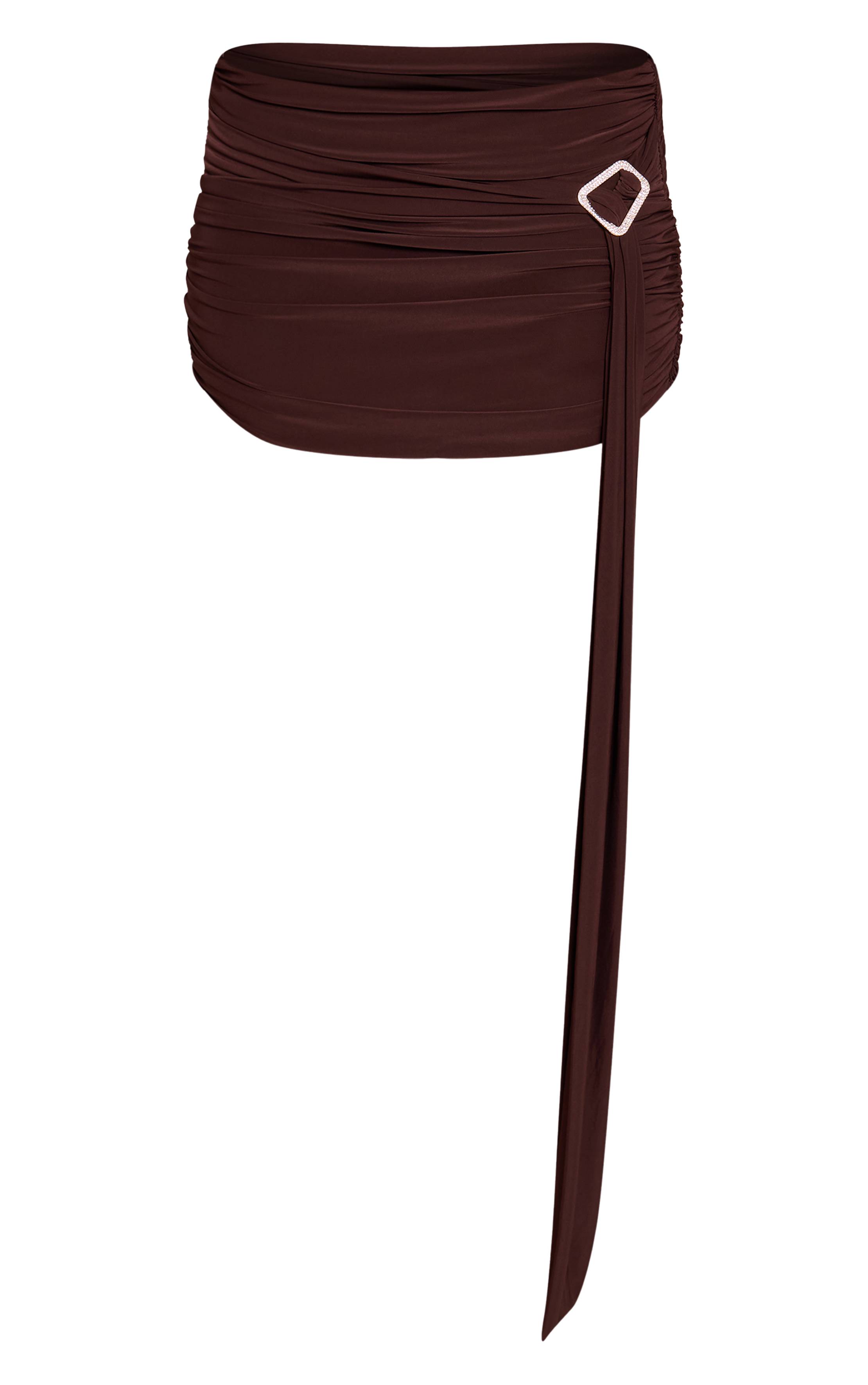 Marron Foncé Ensemble Jupe Mini Drapée À Double Couche En Tissu Slinky Avec Finition Strass
