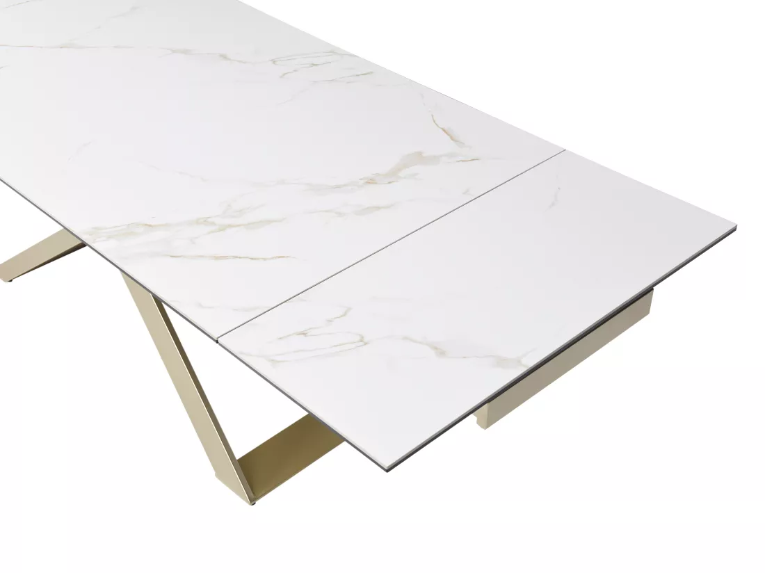 Table à manger extensible 6 à 10 personnes en céramique, verre trempé et métal - Effet marbre blanc et Doré - XERENA de Maison Céphy