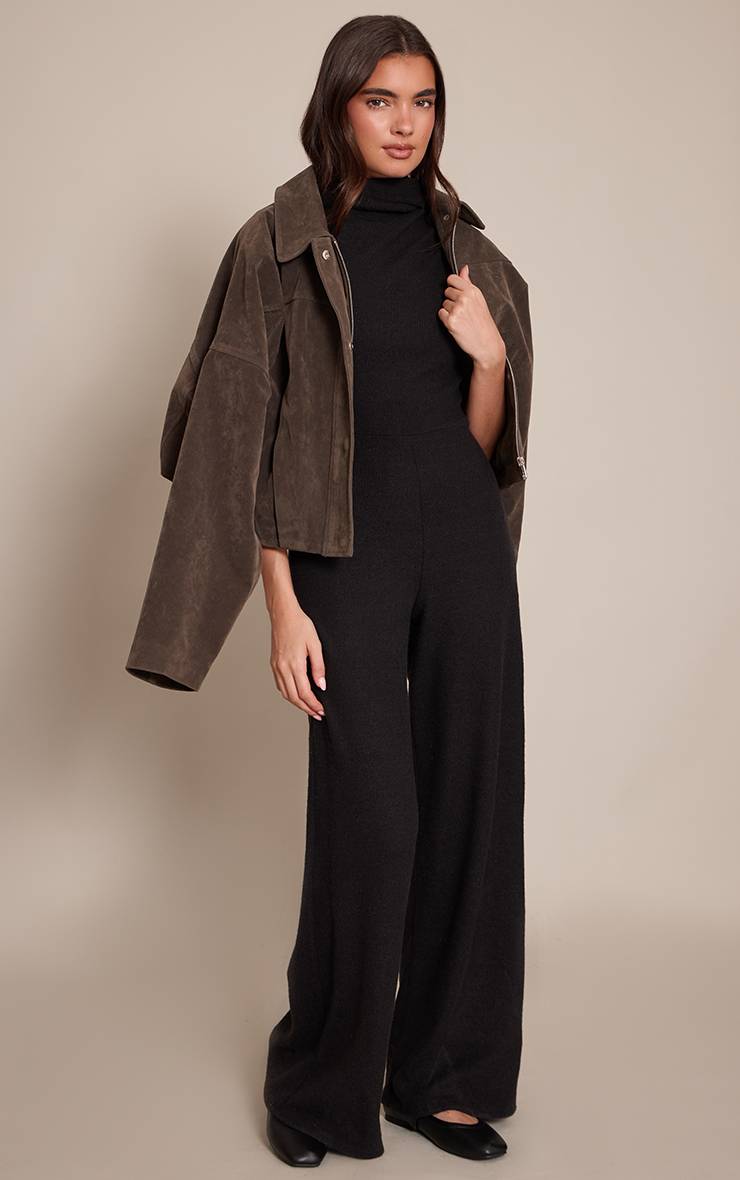 Noir Combinaison Pantalon Large Côtelée Avec Détail Foulard Froncé