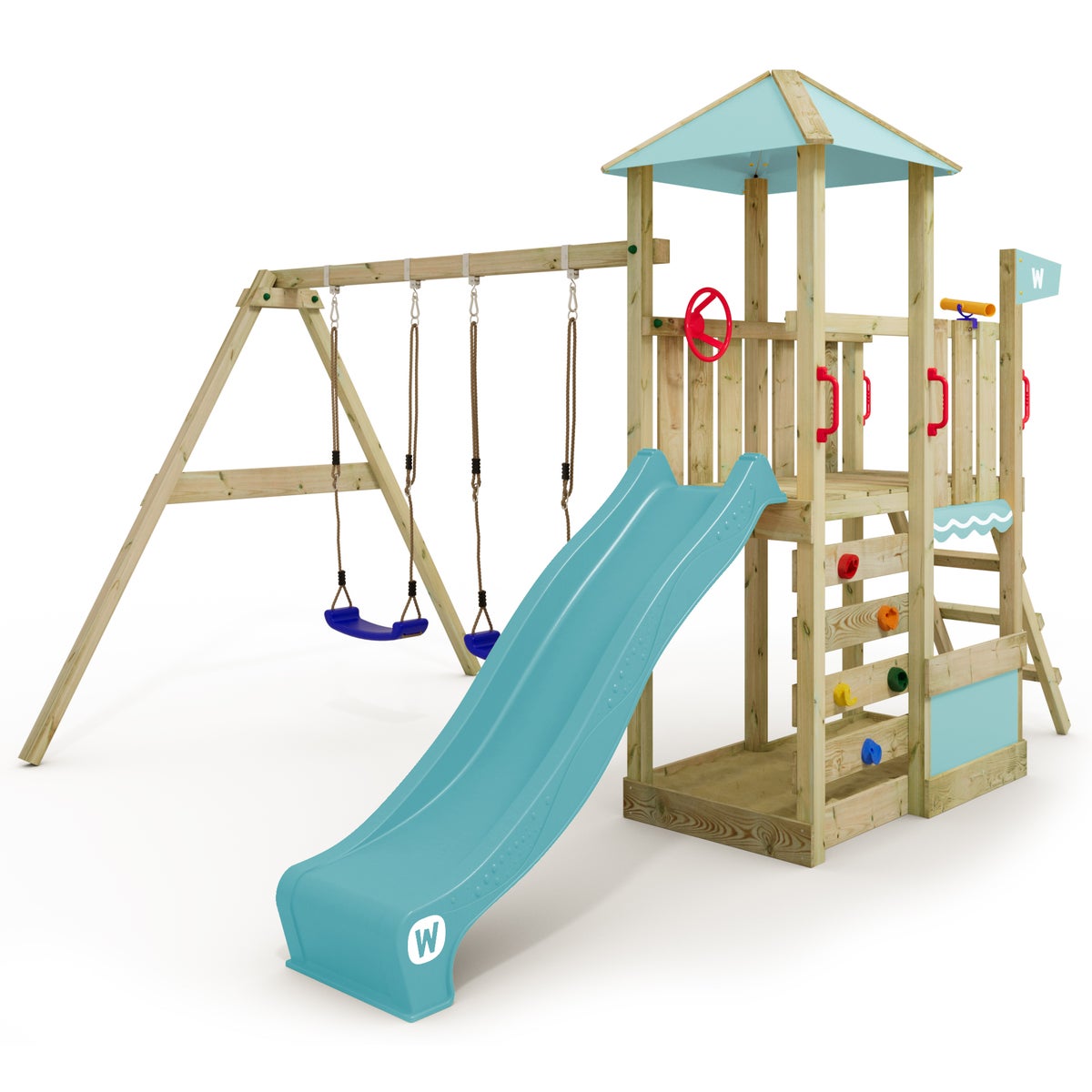 WICKEY Smart Savana speeltoren klimtoestel met schommel en glijbaan, speelhuis met klimladder en speelaccessoires – pastelblauw