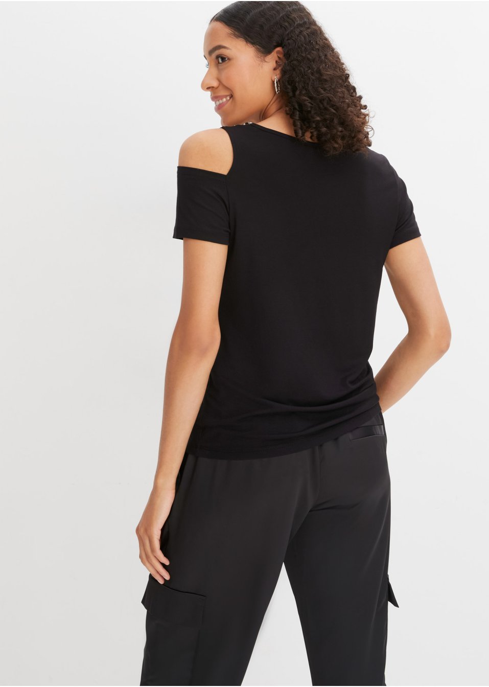 T-shirt à application de strass et découpes