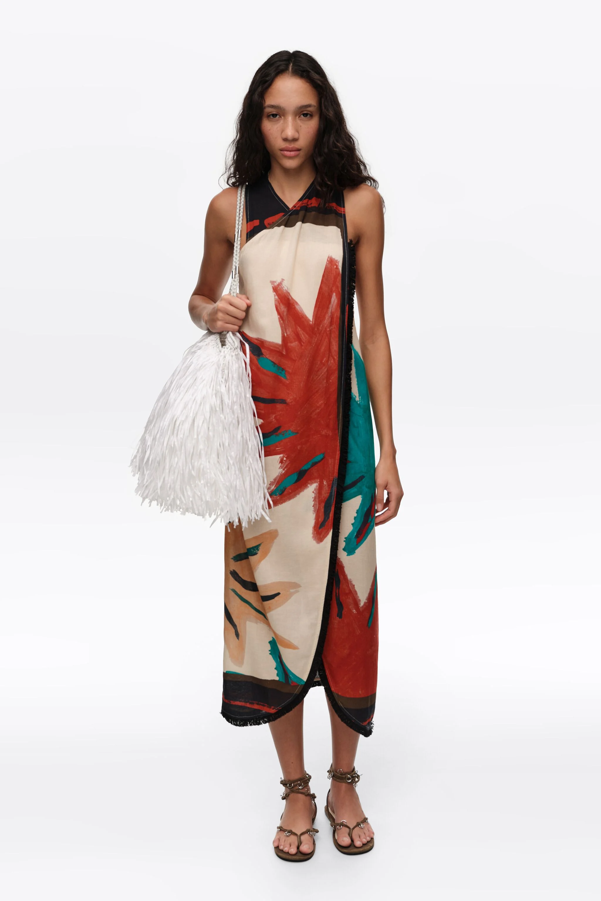 Vestido midi envelope com franjas Positional Sun