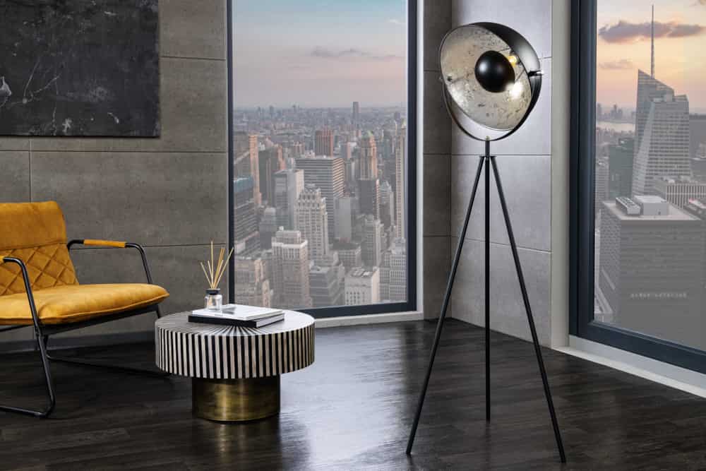 Industrial Stehlampe STUDIO 150cm schwarz Blattsilber-Optik neigbarer Schirm