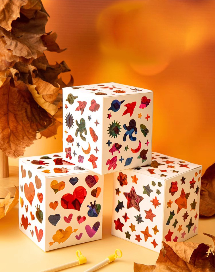 (17-tlg. Set) 10x12cm LED Papier Laterne Kinder DIY Bastel Laterne inkl. Lampion Stab / Farbfolien / Organza Band (inkl. LR44 Batterien) - Sterne