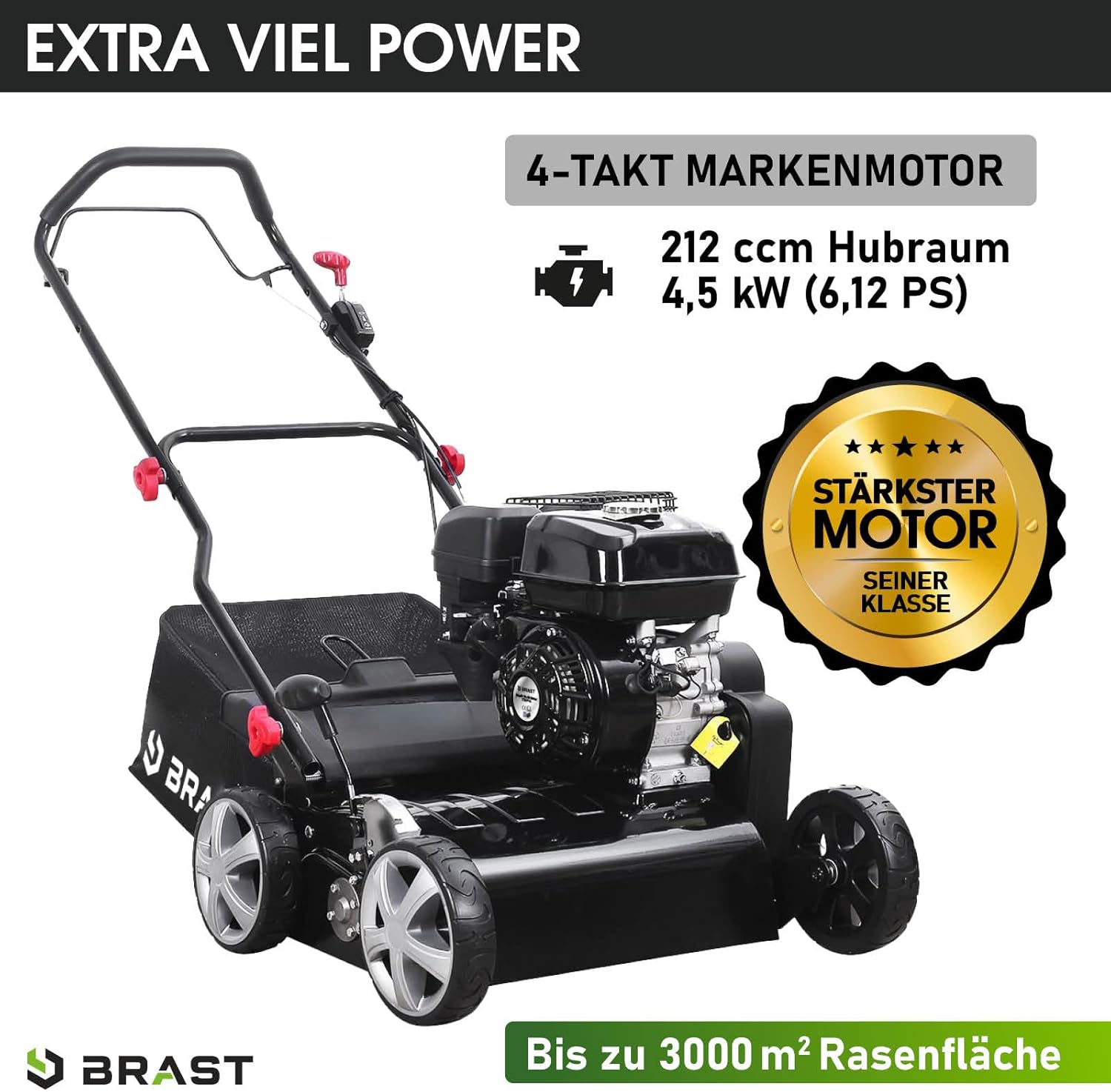 BRAST Benzin Vertikutierer 4,5kW (6,12PS) | 4-Takt Motor 212ccm | 40-45cm Arbeitsbreite | TÜV geprüft | 50L Fangkorb | viele Modelle für kleine bis sehr große Rasenflächen | BRB-RV-45212