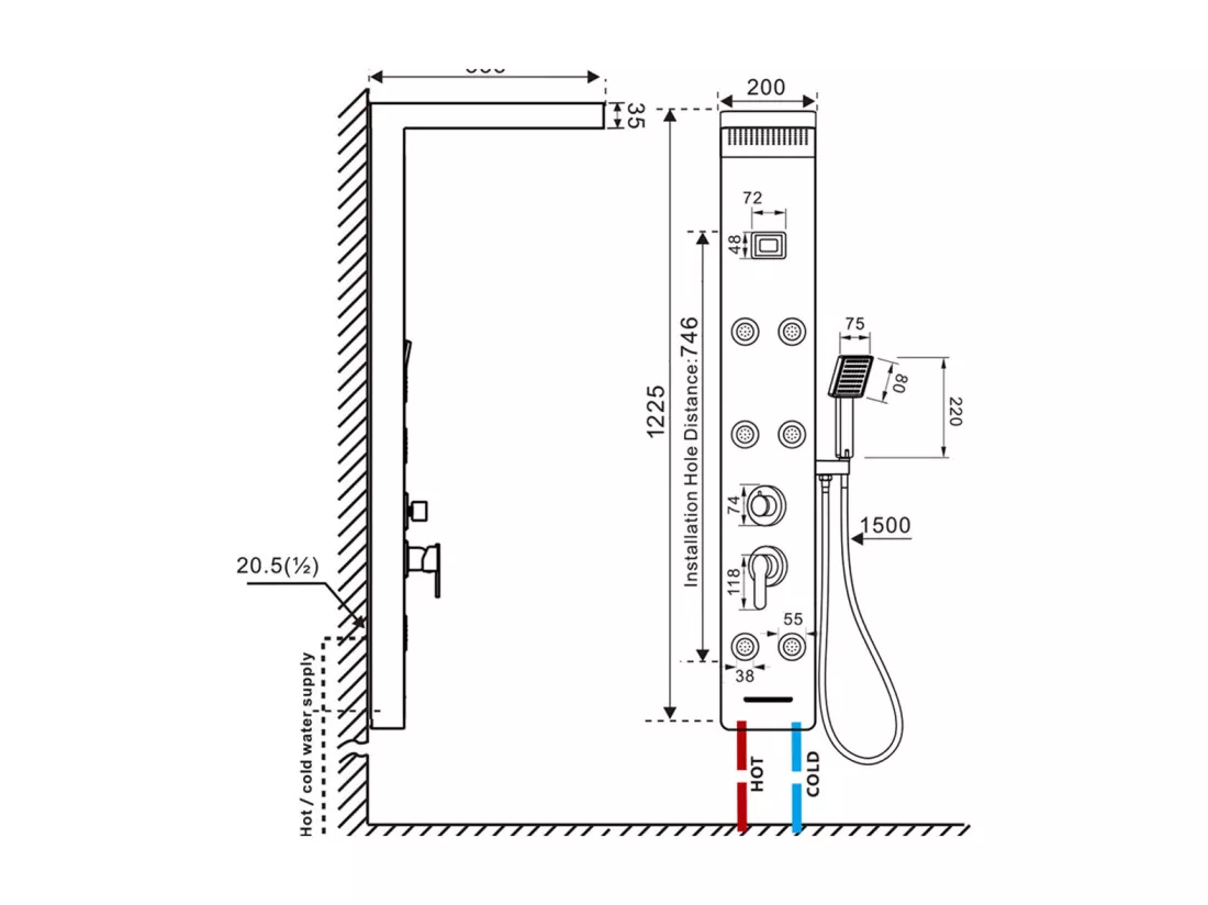 Panneau Colonne Douche Hydromassante Noir,en Inox avec 6 Grandes Buses Massants,Écran LCD+Porte-Serviettes de Salle de Bain,Auto-adhésif/ Perçage,60CM