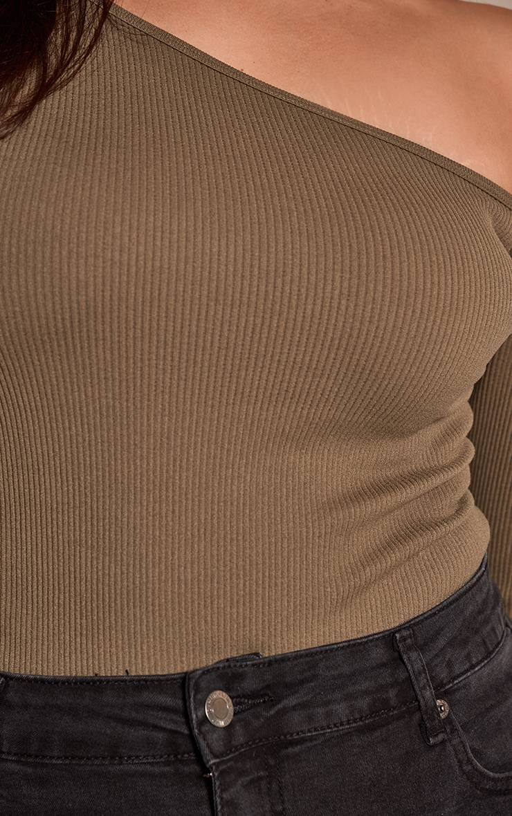 Vert Olive Body Grande Taille Côtelé Contour Asymétrique À Manches Longues