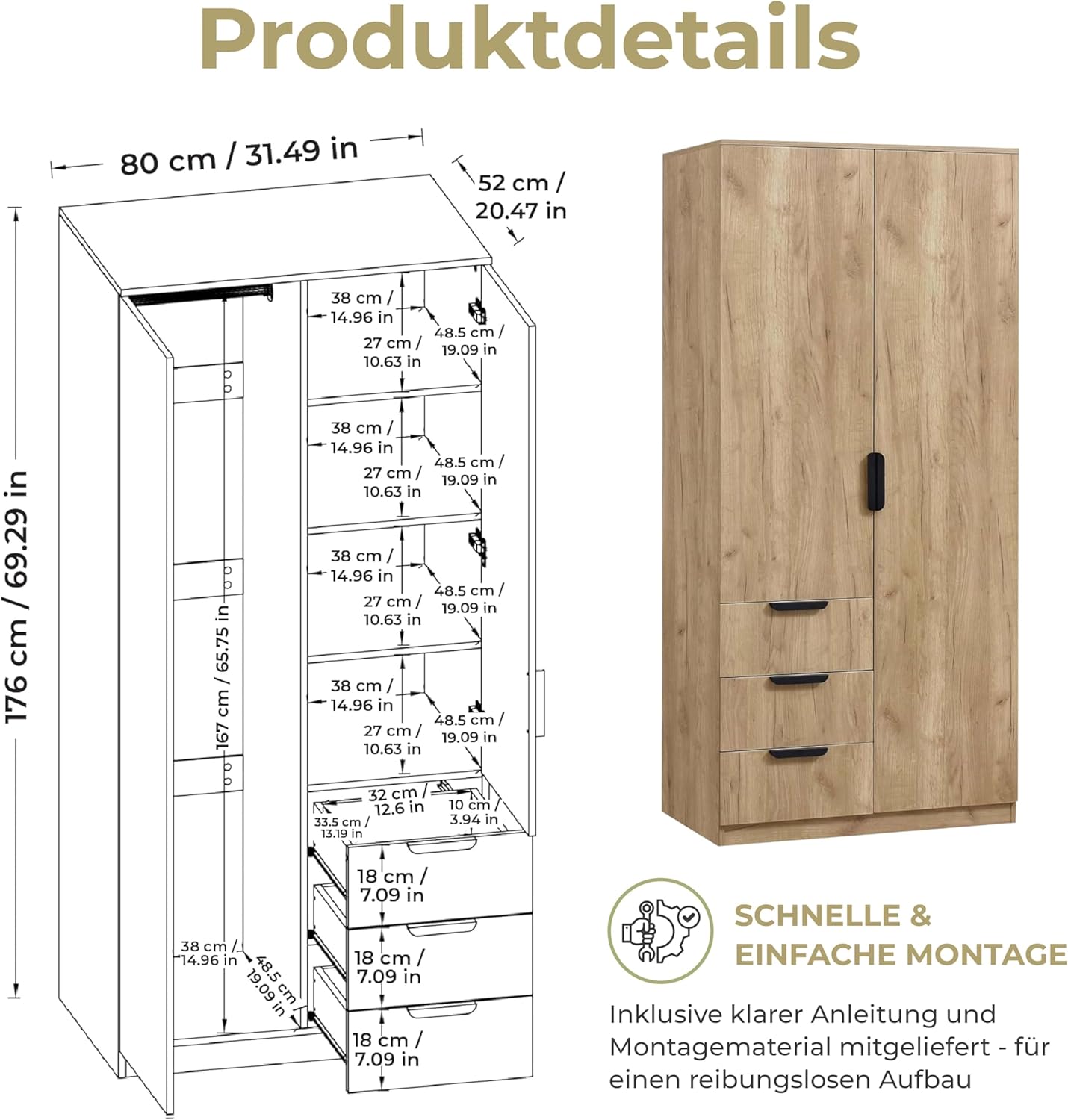 [en.casa] Kleiderschrank Eiselfing Schrank mit 2 Türen Garderobenschrank 176 x 80 x 52 cm Schlafzimmerschrank 1 Kleiderstange 4 Fächer 3 Schubladen Eicheoptik