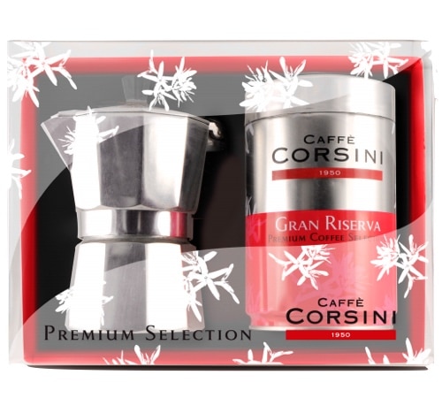 Coffret Corsini : 1 boîte de café moulu Gran Riserva 250g + 1 cafetière italienne