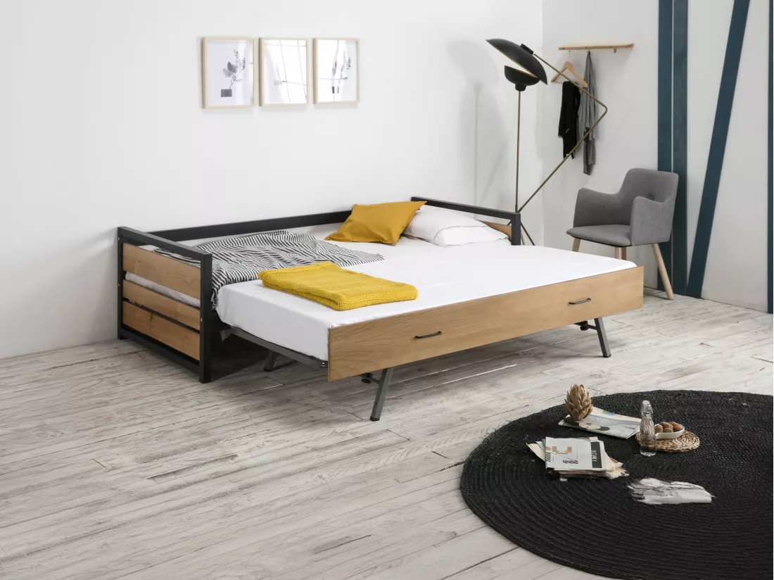 Lit gigogne industriel BOSTON - 2 x 90 x 190 cm - MDF, Pin et métal - Coloris : Noyer et anthracite + Matelas