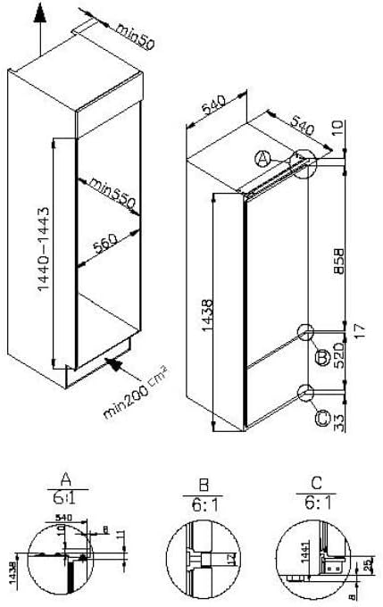 Amica Einbau Kühl Gefrierkombination für 145 cm Nische Schlepptür-Technik Inverter Kompressor elektronische Steuerung Tür-Offen-Alarm