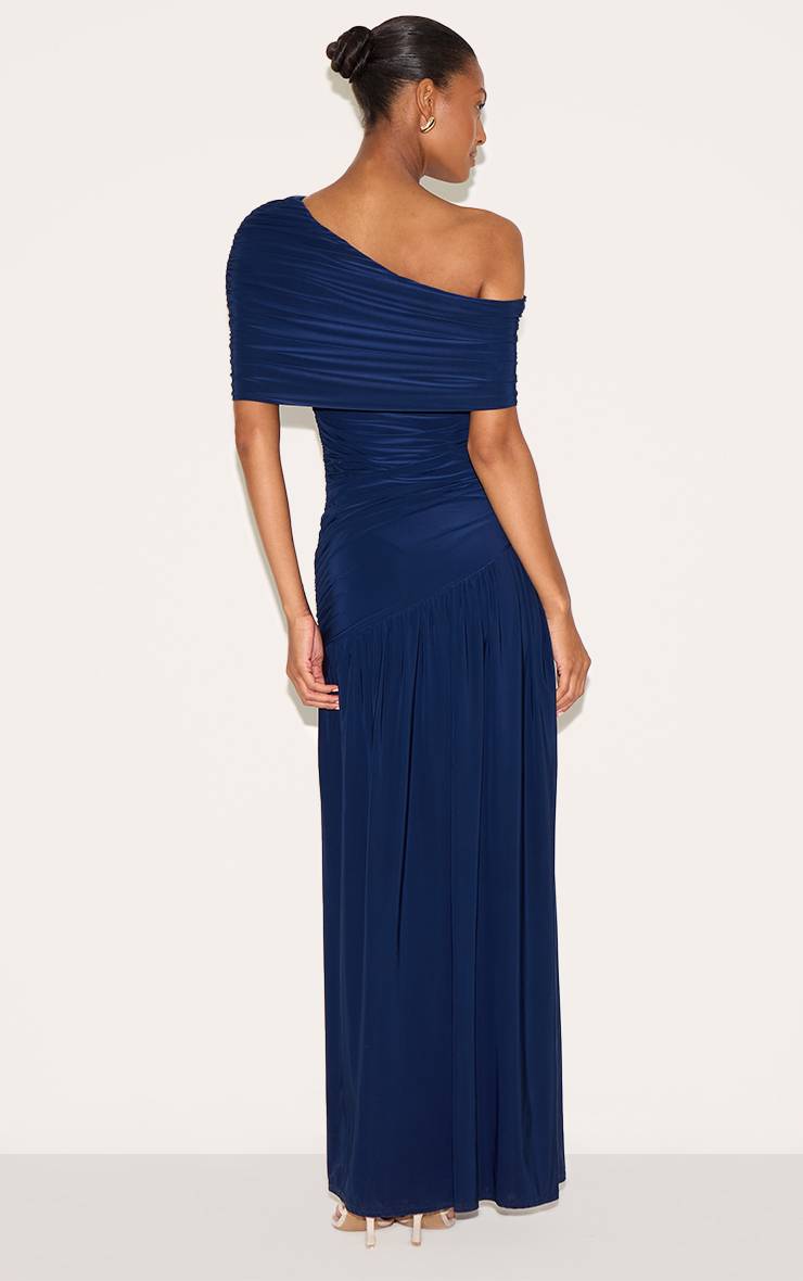 Bleu Marine Robe Longue Froncée À Double Couche Slinky Bardot Asymétrique