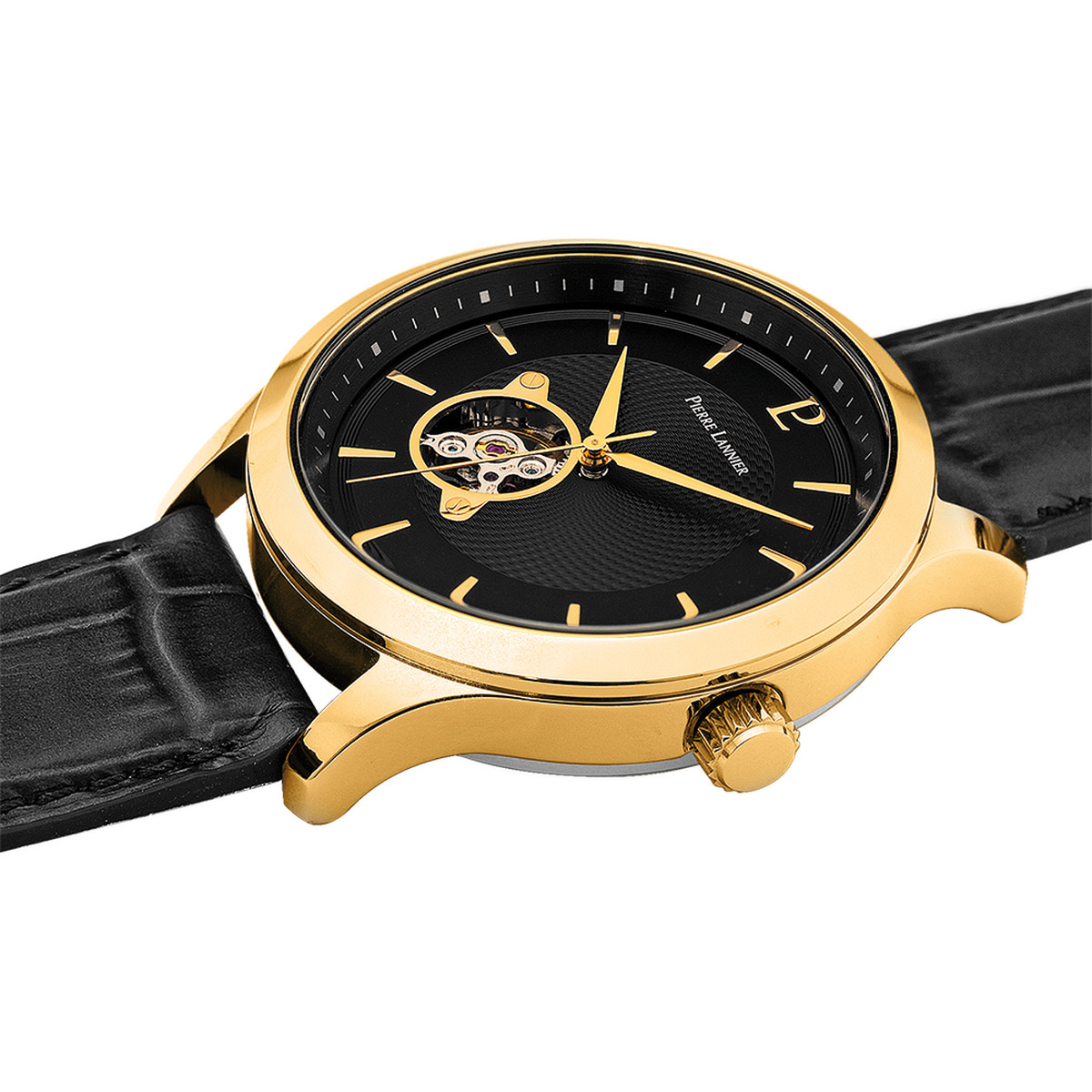 Montre PIERRE LANNIER fleuret homme automatique acier doré jaune bracelet cuir noir