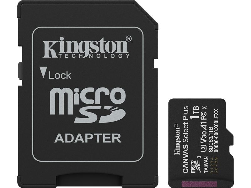 Kingston microSDXC-Karte Canvas Select Plus Gen3 1000 GB Robuste microSDXC-Karte für Full-HD-Aufnahmen mit Speicherkartenadapter
