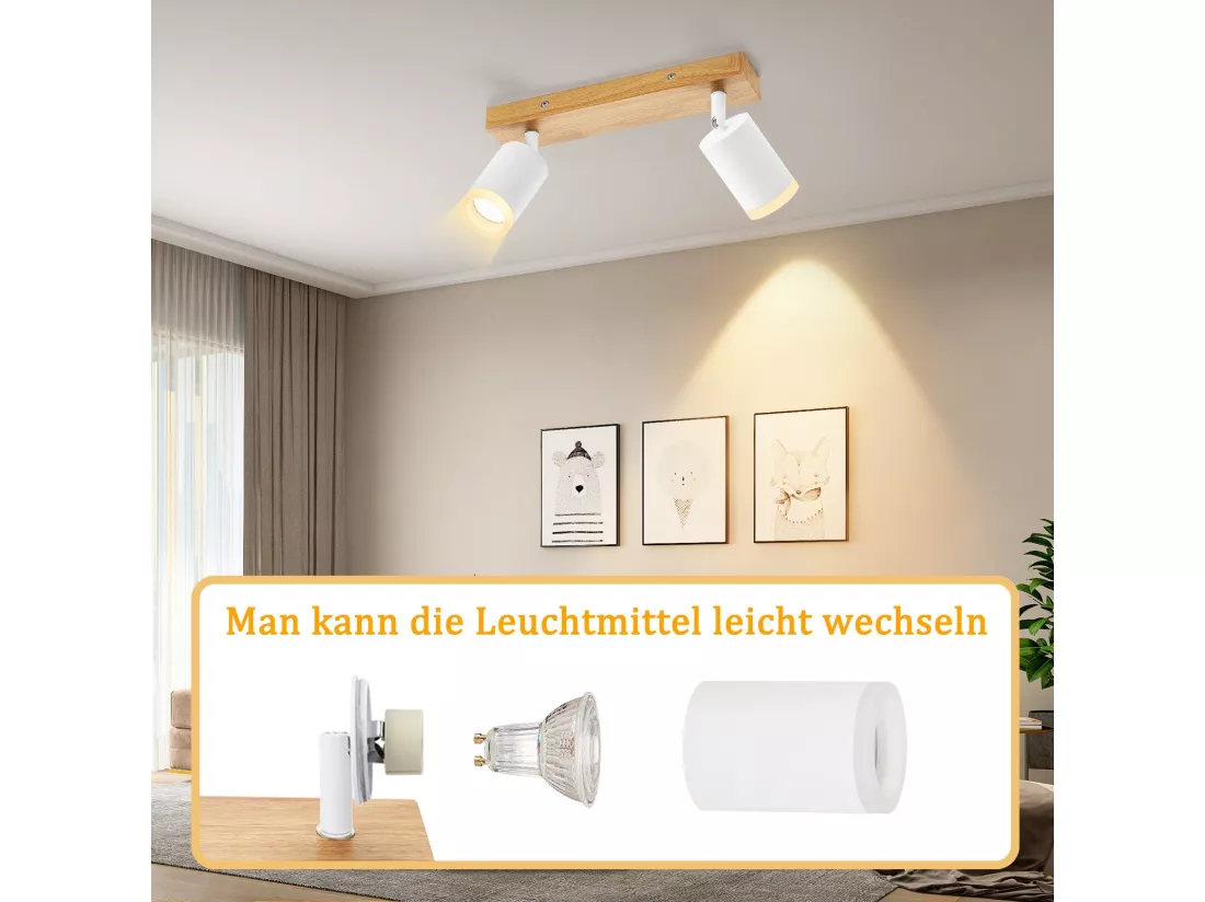 NETTLIFE Spot de plafond blanc GU10 spot mural en bois vintage pivotant sans ampoule orientable à 350° industriel