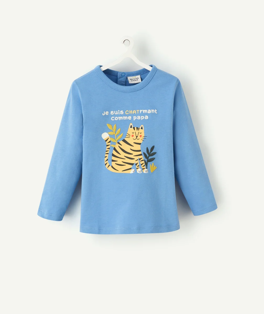 T-SHIRT BÉBÉ GARÇON EN COTON BIO BLEU ET MOTIF CHAT