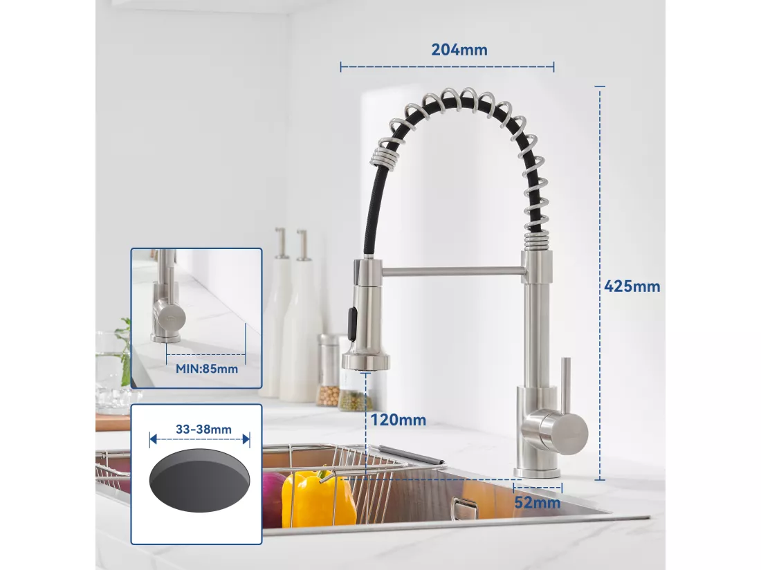 Mitigeur de Cuisine à Ressort ,avec Douchette Extensible, Robinet d'Évier Rotatif à 360° avec 2 Modes,Froid/Chaud Disponible,Chrome Brossé
