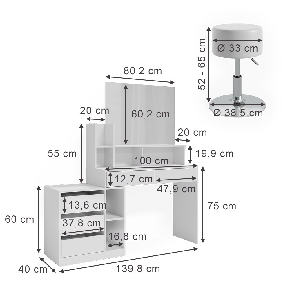 Vicco Schminktisch Anja 139,8 x 115 cm Weiß Spiegel Hocker modern Frisiertisch