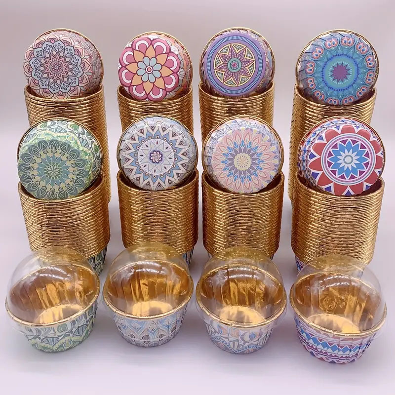 (50er Set) Einweg Papier Cupcake Förmchen Mandala Muffin Form Backform mit Deckel Haube - Blau