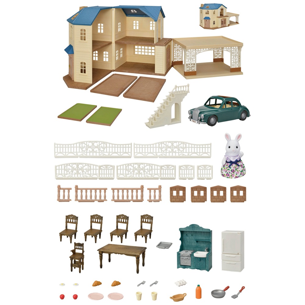 Sylvanian Families Großes Haus mit Carport-Set inklusive Fahrzeug, Möbeln und Schneehasenmutter